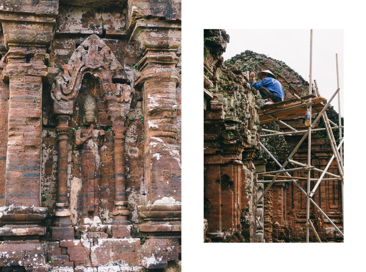 Ein Arbeiter restauriert die Ruinen von My Son in Vietnam
